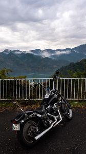 Preview wallpaper harley-davidson, motorcycle, bike, black, parking, mountains