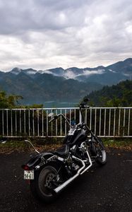 Preview wallpaper harley-davidson, motorcycle, bike, black, parking, mountains