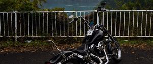 Preview wallpaper harley-davidson, motorcycle, bike, black, parking, mountains