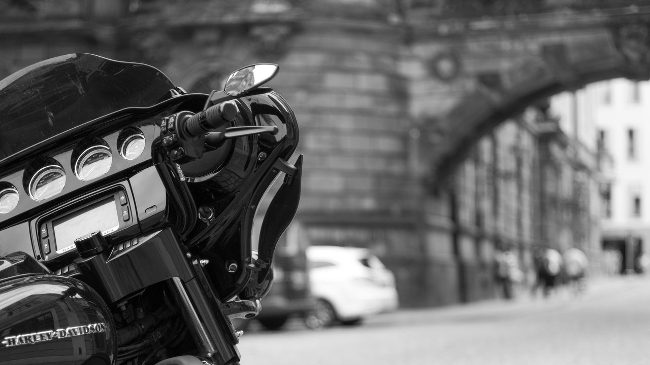 Wallpaper harley-davidson, motorcycle, bike, black, road, black and white