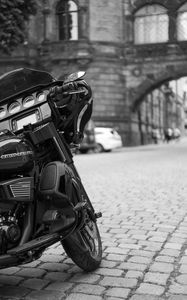 Preview wallpaper harley-davidson, motorcycle, bike, black, road, black and white