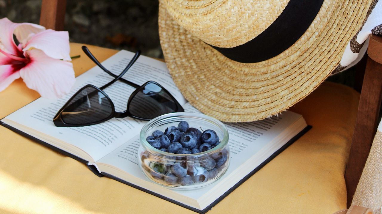 Wallpaper hat, blueberry, flower, book, glasses, cloth