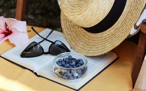 Preview wallpaper hat, blueberry, flower, book, glasses, cloth