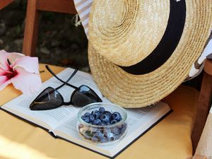 Preview wallpaper hat, blueberry, flower, book, glasses, cloth