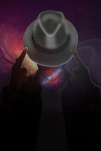 Preview wallpaper hat, space, surrealism, man, universe, fantasy
