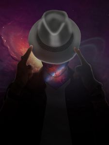 Preview wallpaper hat, space, surrealism, man, universe, fantasy
