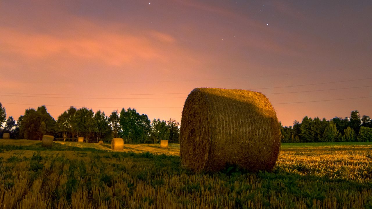 Wallpaper hay, stack, field, sunset, grass, sky