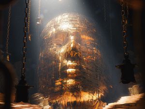 Preview wallpaper head, statue, gold, cave