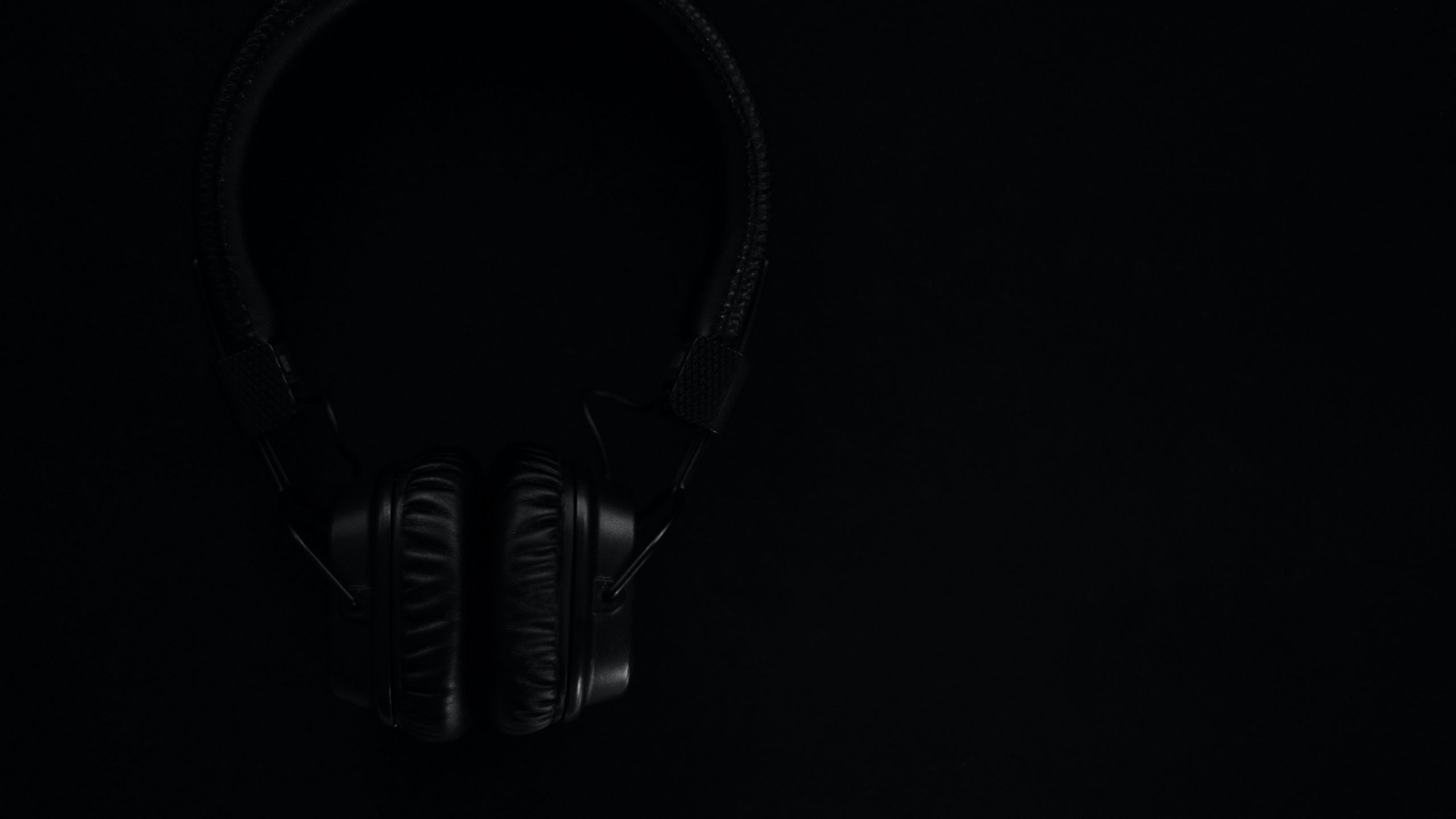 Download wallpaper 2560x1440 headphones, black, dark, music widescreen 16:9  hd background