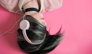 Preview wallpaper headphones, girl, music lover, pink, hair