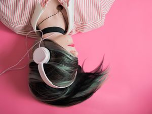 Preview wallpaper headphones, girl, music lover, pink, hair