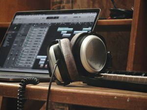 Preview wallpaper headphones, laptop, synthesizer, audio, music