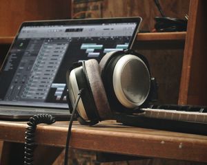 Preview wallpaper headphones, laptop, synthesizer, audio, music