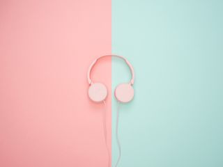 320x240 Wallpaper headphones, minimalism, pink, pastel