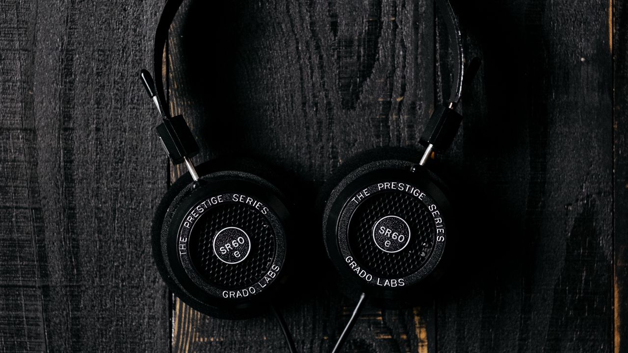 Wallpaper headphones, surface, wooden, dark