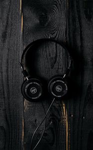 Preview wallpaper headphones, surface, wooden, dark