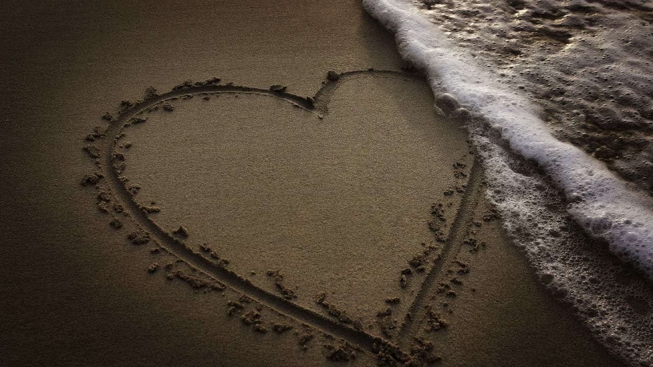 Wallpaper heart, beach, sand, water, foam