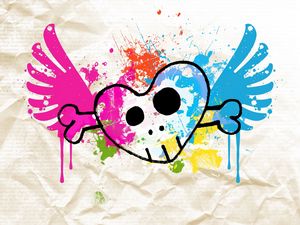 Preview wallpaper heart, skull, colorful, leaf, crumpled