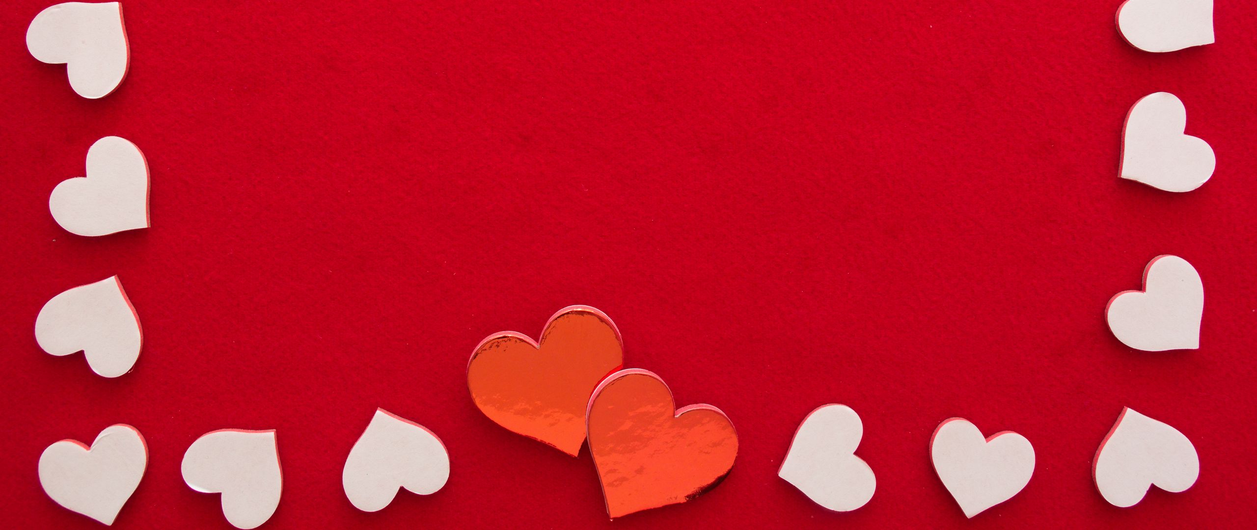 2560x1080 Wallpaper hearts, love, frame, red, white