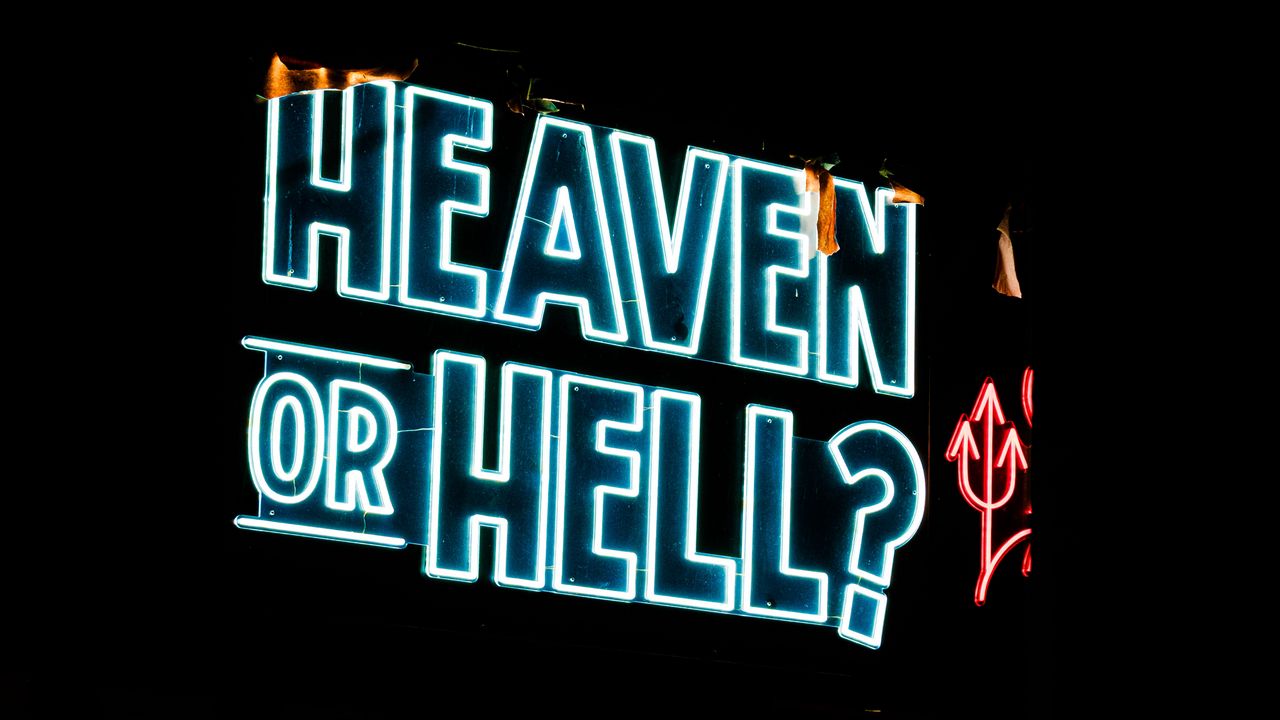 Wallpaper heaven or hell, neon, inscription, words