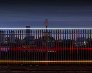 Preview wallpaper hedge, lights, buildings, freezelight, evening