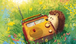 Preview wallpaper hedgehog, radio, grass, art, cute