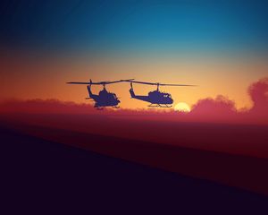 Preview wallpaper helicopter, sky, clouds, night