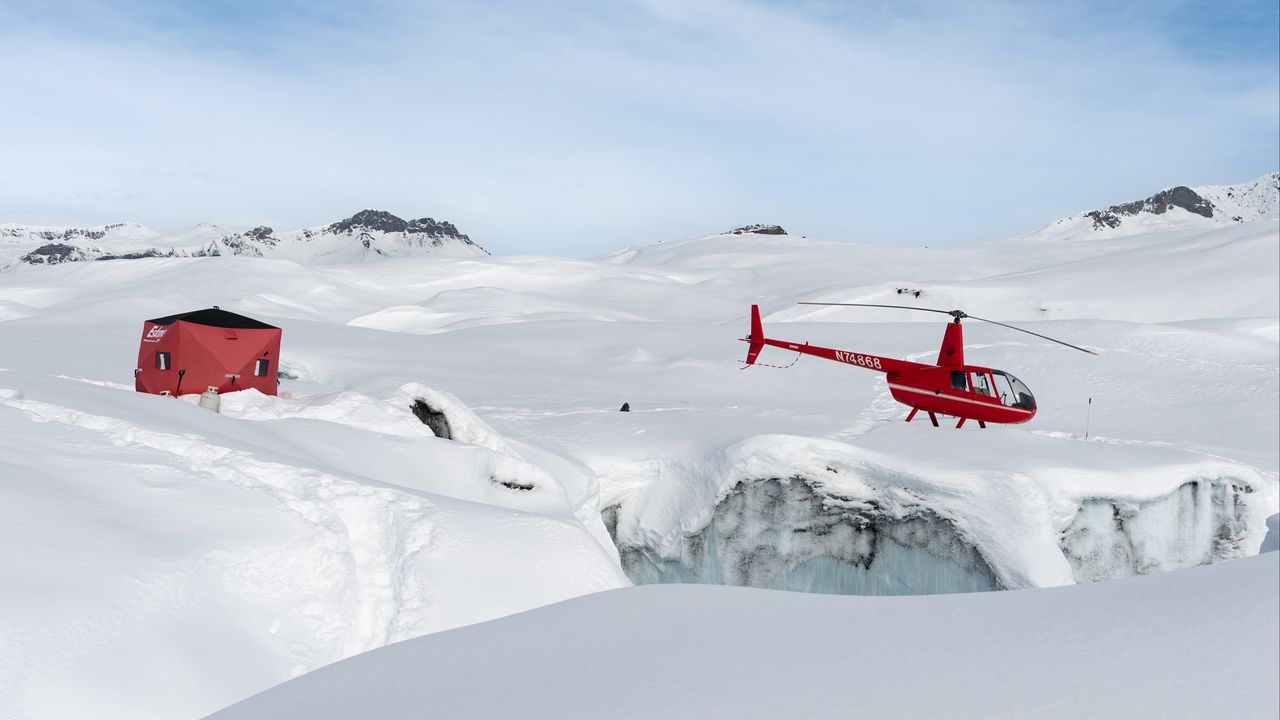 Wallpaper helicopter, snow, glacier, white, red