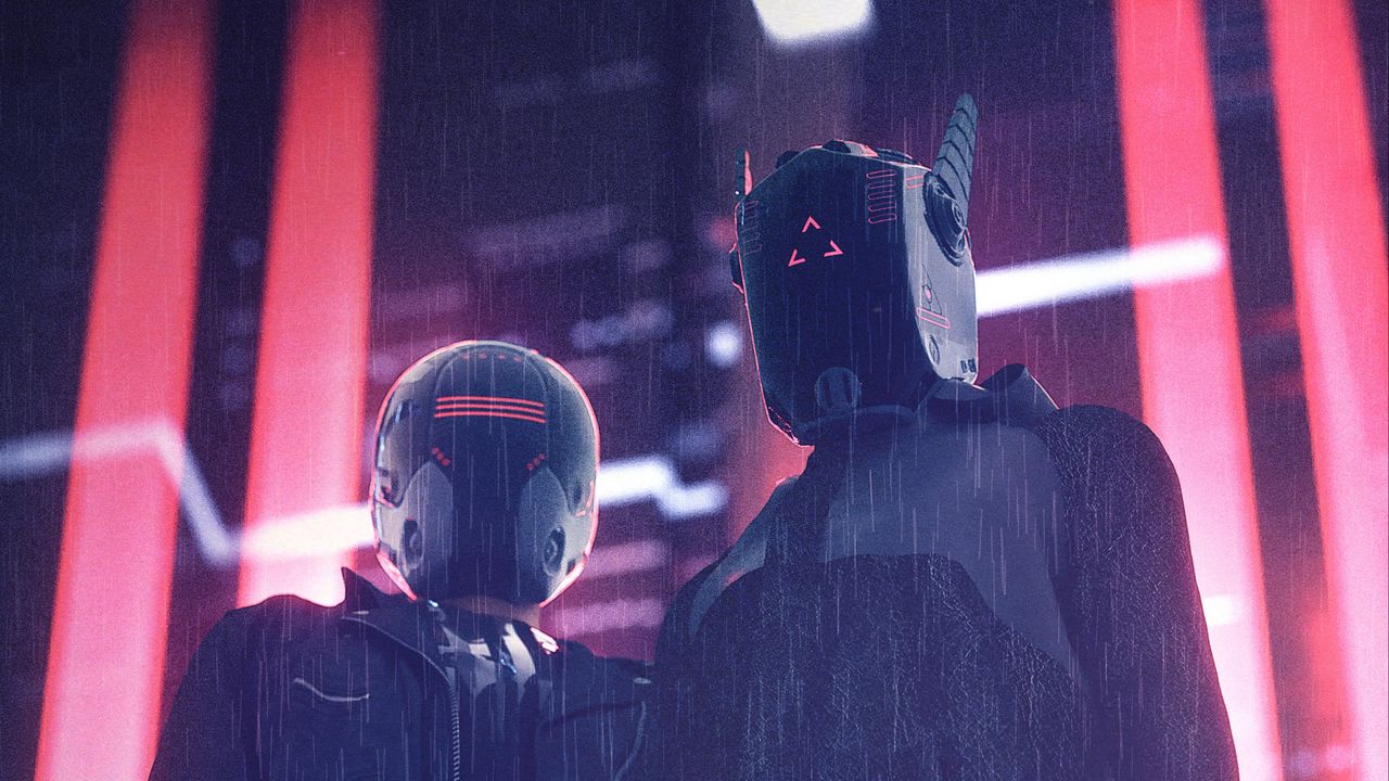 Wallpaper helmets, masks, cyberpunk, night, rain, lights