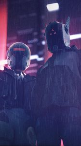 Preview wallpaper helmets, masks, cyberpunk, night, rain, lights