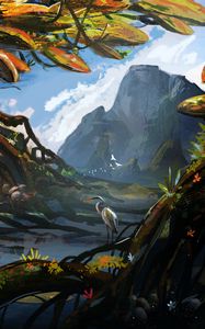 Preview wallpaper heron, bird, tree, roots, river, mountains, art