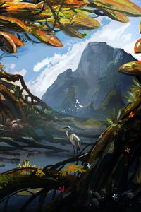 Preview wallpaper heron, bird, tree, roots, river, mountains, art