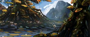 Preview wallpaper heron, bird, tree, roots, river, mountains, art