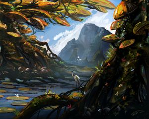Preview wallpaper heron, bird, tree, roots, river, mountains, art