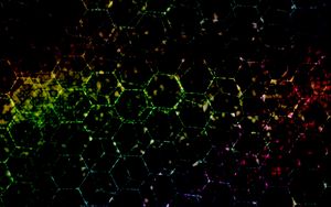 Preview wallpaper hexagons, dark, colorful, spots, lines