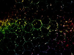 Preview wallpaper hexagons, dark, colorful, spots, lines