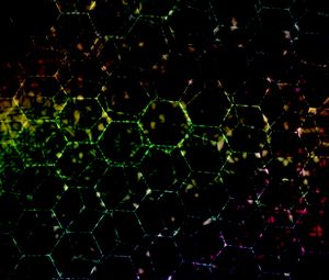 Preview wallpaper hexagons, dark, colorful, spots, lines