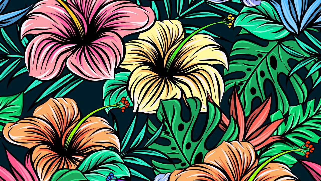 Wallpaper hibiscus, flowers, patterns, exotic, leaves