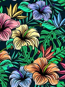 Preview wallpaper hibiscus, flowers, patterns, exotic, leaves