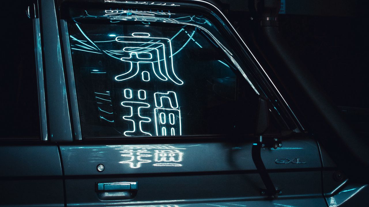 Wallpaper hieroglyphs, neon, dark, machine