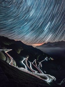 Preview wallpaper high-altitude road, night, light, stelvio, italy