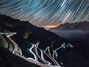 Preview wallpaper high-altitude road, night, light, stelvio, italy