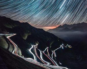 Preview wallpaper high-altitude road, night, light, stelvio, italy