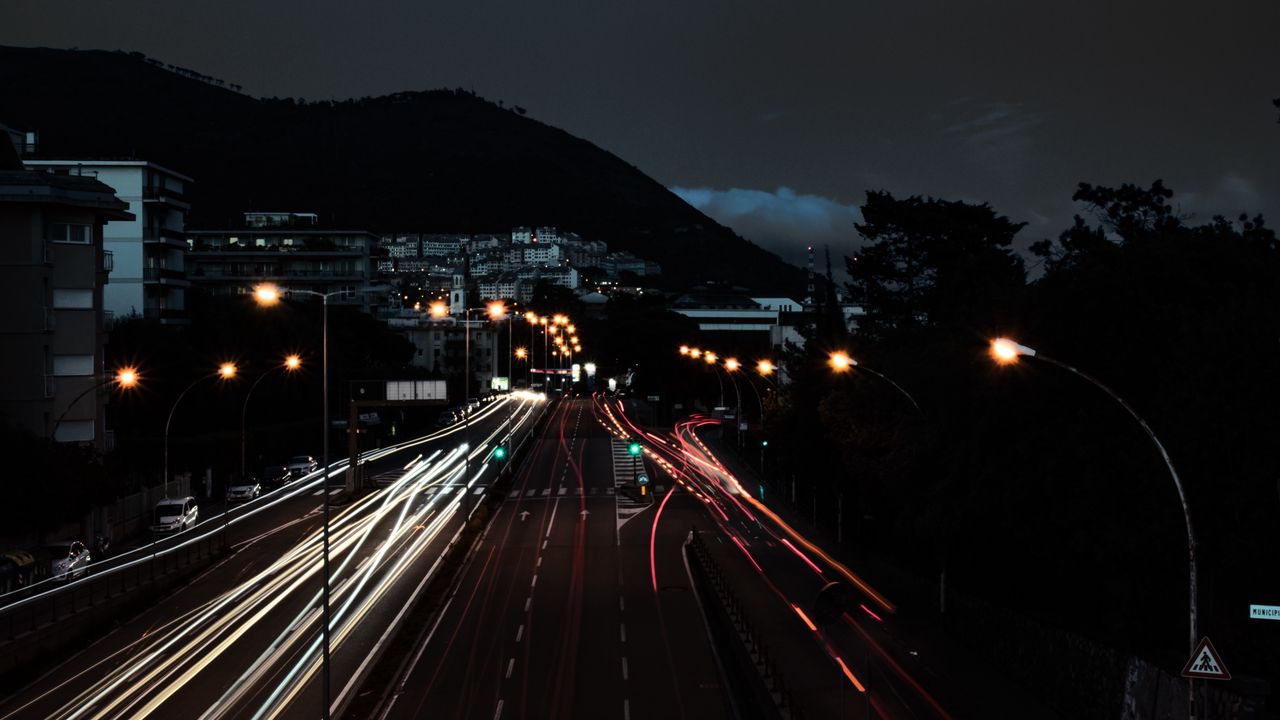 Wallpaper highway, city, night, long exposure, lights, traffic