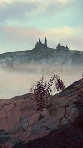 Preview wallpaper hill, castle, fog, mountains, art
