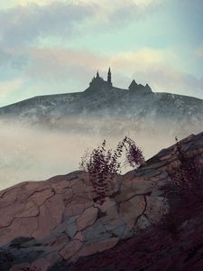 Preview wallpaper hill, castle, fog, mountains, art