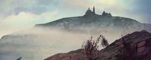 Preview wallpaper hill, castle, fog, mountains, art