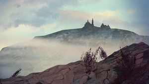 Preview wallpaper hill, castle, fog, mountains, art