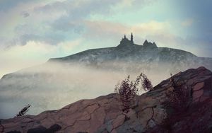 Preview wallpaper hill, castle, fog, mountains, art