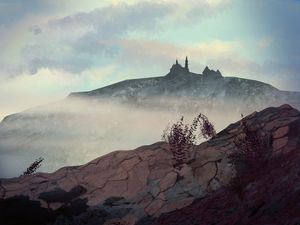 Preview wallpaper hill, castle, fog, mountains, art